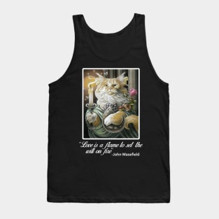 Candle Light Cat - Love Is A Flame Quote - White Outlined Version Tank Top